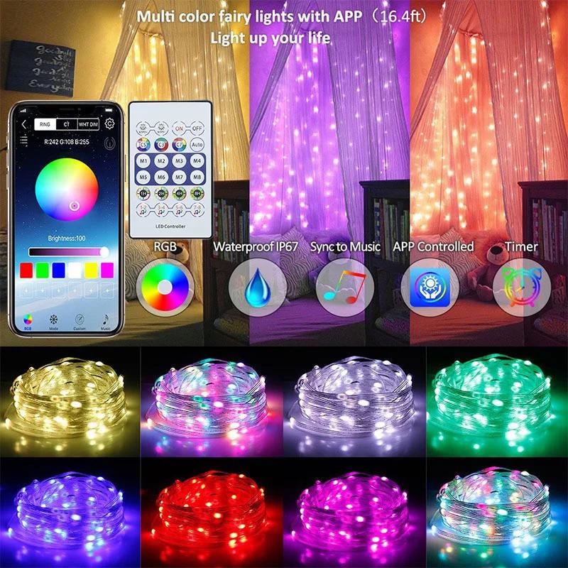 USB WS2812B RGBIC LED Fairy Lights Bluetooth Music Sync Color Changing Waterproof Garland For Home Holiday Party Decor Lighting