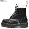 Martin Boots Tooling Boots Women's Hard Leather Black and White Splicing Short Boots Men's and Women's Glossy Leather Boots Round