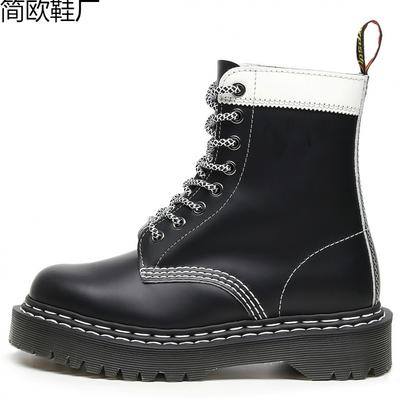 Martin Boots Tooling Boots Women's Hard Leather Black and White Splicing Short Boots Men's and Women's Glossy Leather Boots Round