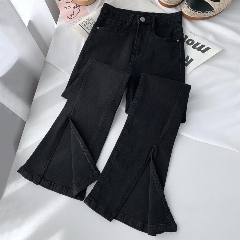 

Ретро Розкльошені Джинси з Розрізом для Жінок - Висока Посадка, Еластична Облягаюча Посадка, Довжина до Підлоги M