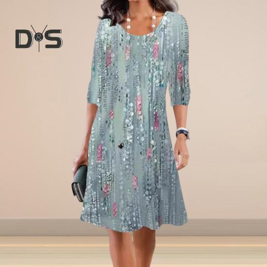 Sommerkleid für Damen, Rundhalsausschnitt, knielang, Blumendruck, A-Linie, lange Ärmel, Pullover, lässig, für den Alltag, langes Kleid zum Pendeln