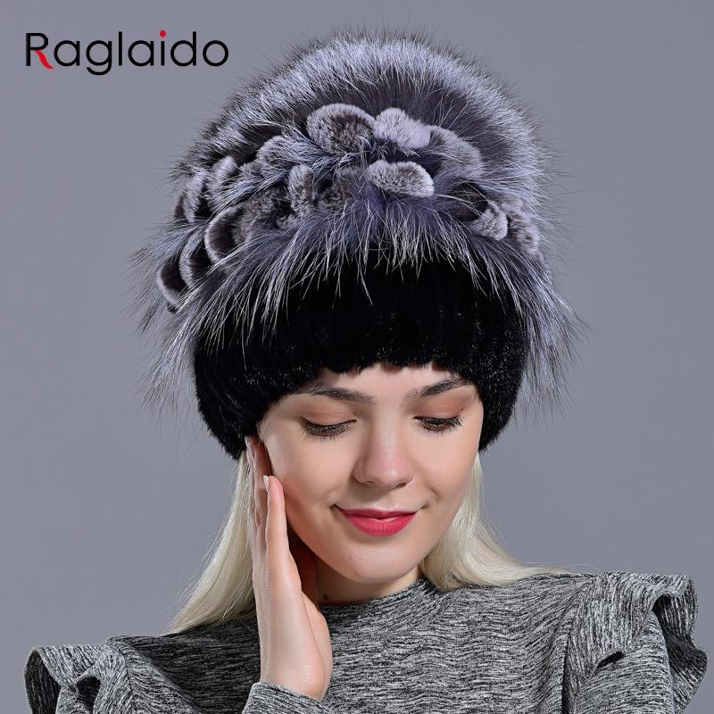 Women's Natural Mink Fur Hat Fox Pompom Rabbit Flowers Stylish Warm Fashion Girls Real Fur  Winter Hat Knitted