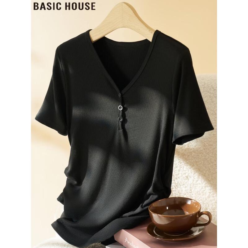 Basic House Women s V-Neck Knit Short Sleeve T-Shirt M