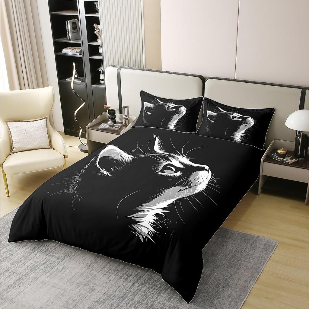 Cartoon Black Cat Duvet Cover Set Queen Size Cute Kawaii Kids Girls Comforter Cover Set Animals Quilt Covers With 2 Pillowcases