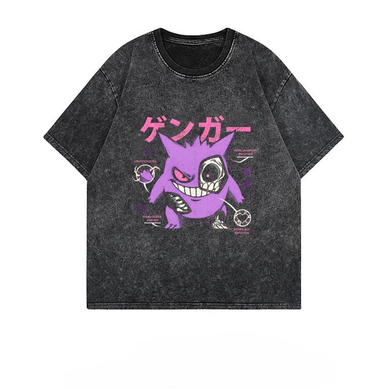 Summer Gengar Pokemon Anime Men's T Shirt Print Vintage Washed Short-sleeved Tee Women's Oversized Gym Y2k Clothes