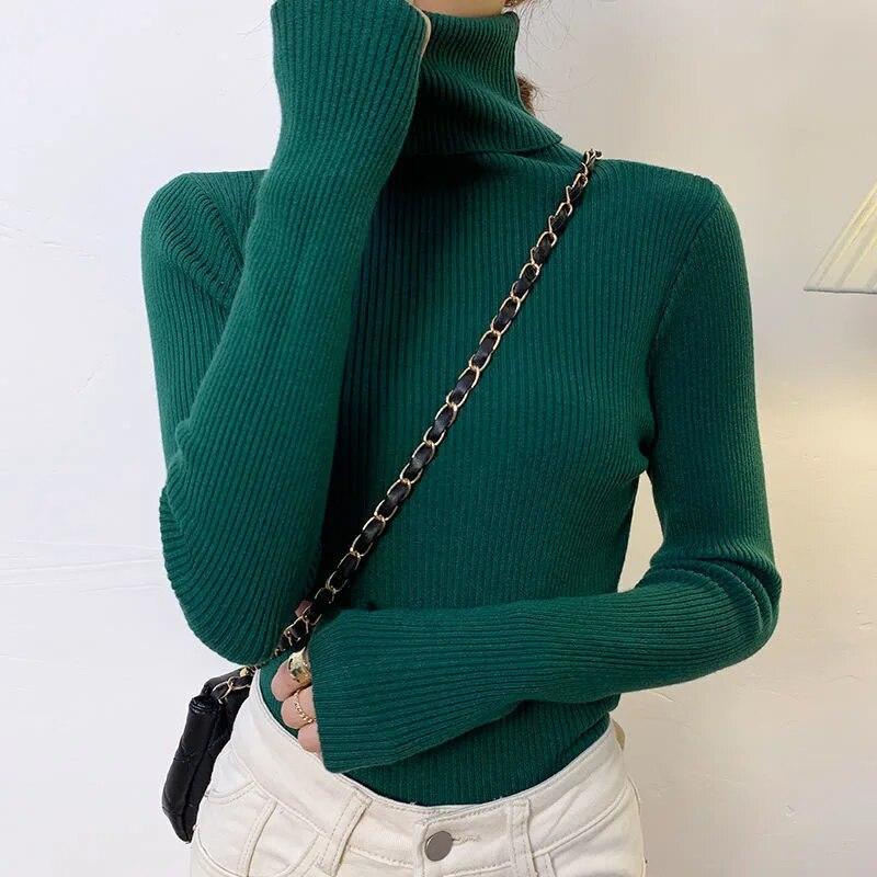 Women Pullover Turtleneck Sweater Autumn 2023 Long Sleeve Elastic Korean Simple Basic Jumper Solid Color Tops 16675