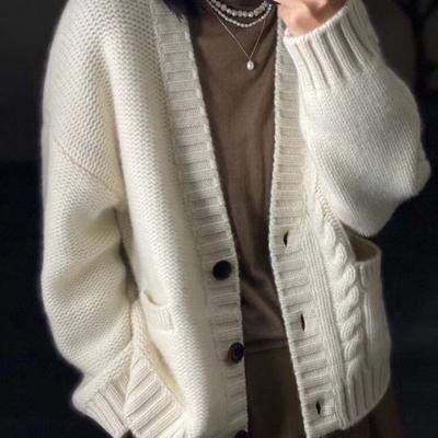 Maglione a Righe Grosso da Donna Autunno e Inverno Esterno Largo Vento Pigro Retro Twist Maglia Cardigan Giacca Confortevole Versatile e alla Moda