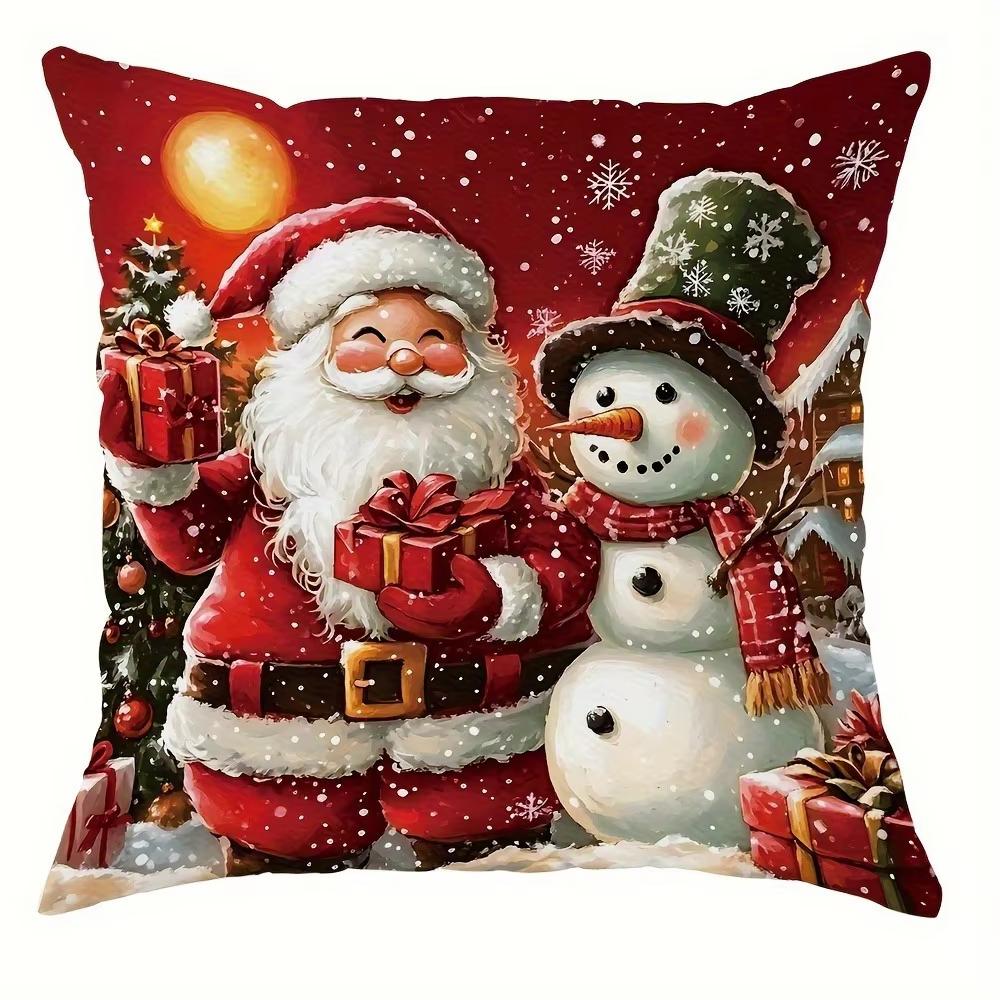 

Christmas Santa and Snowman Pillow Covers Christmas Decorative Home Double-sided Print Square Pillow Living Room Pillowcase Gift 18x18Inch