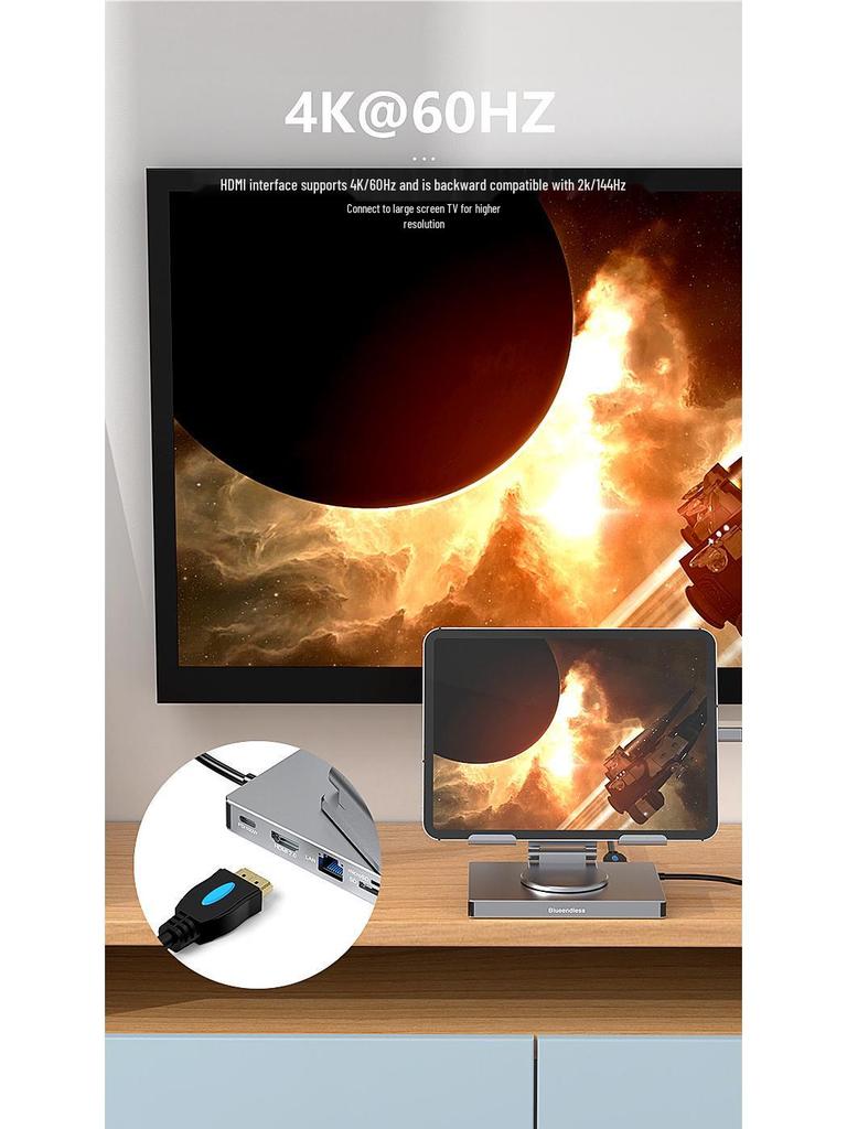 4K60Hz USB-C Docking Station with Gigabit Ethernet, USB 3.2 Splitter, Rotating Mobile/Tablet Bracket Expansion Dock