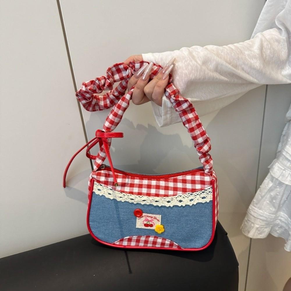 Leisure Lattice Shoulder Bag Rural Style Crossbody Bag Sweet Denim Underarm Bag Travel
