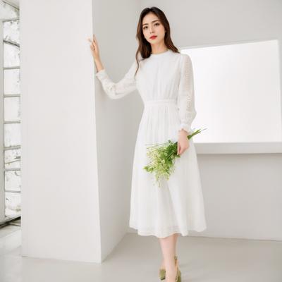Spring and Summer New French Style White Dress Women's New Hollow Waist Temperament Medium and Long Skirt