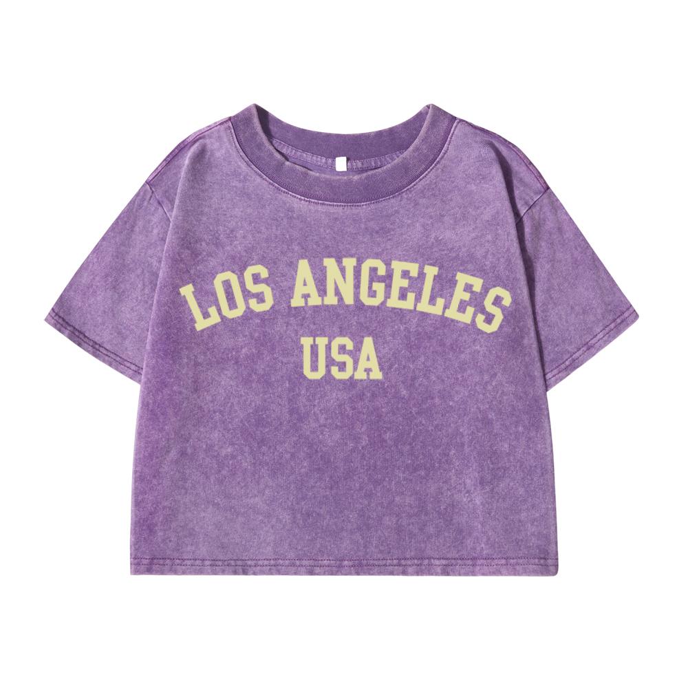 Women'S Cotton Washed T-Shirts Trend Regular Fit O-Neck Crop Tees Los Angeles, Usa Printing  Clothes