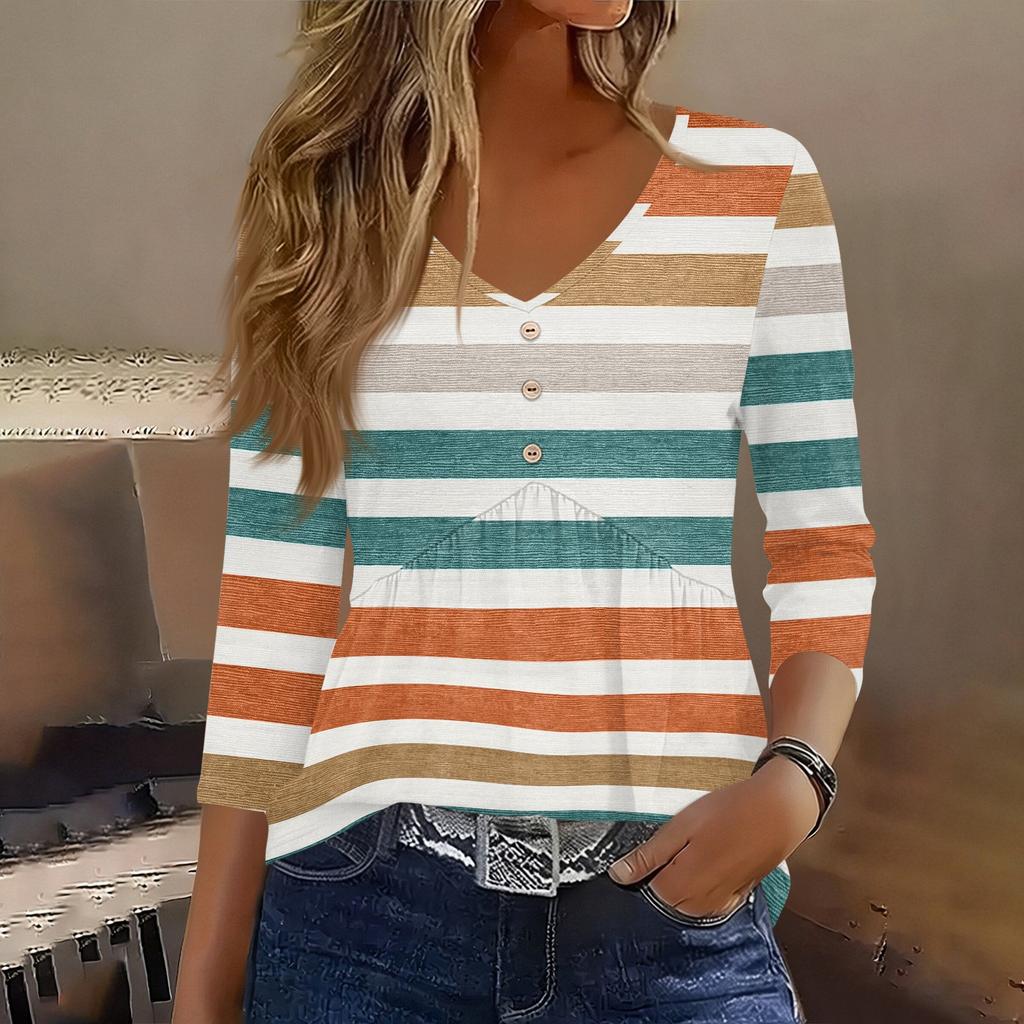 Women’s 3/4 Sleeve V Neck Button Decor Top with Geometric Print Casual Loose Fit Blouse for Daily Wear