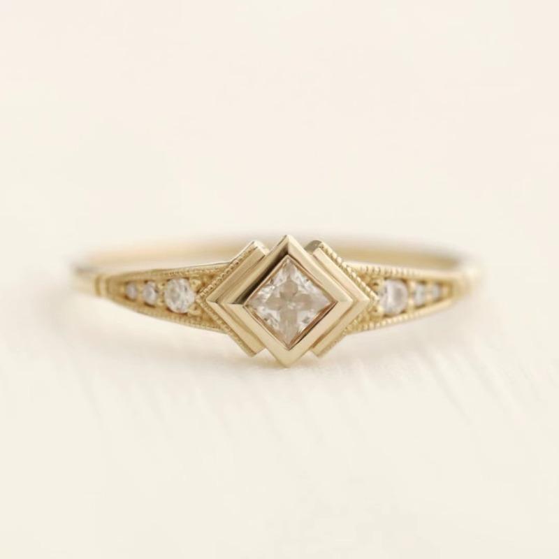 

Internet celebrity Instagram style simple and niche square zircon women s ring 6&Gold-color белый