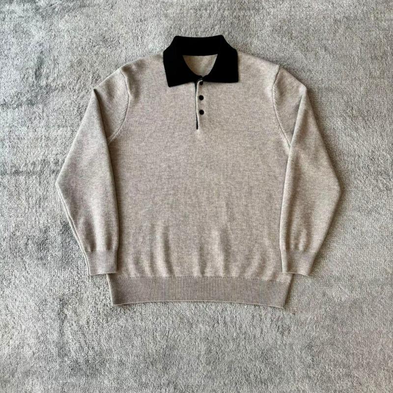 Men s Color Block Polo Knit Sweater - Long Sleeve Lapel Pullover for Autumn/Winter L хаки