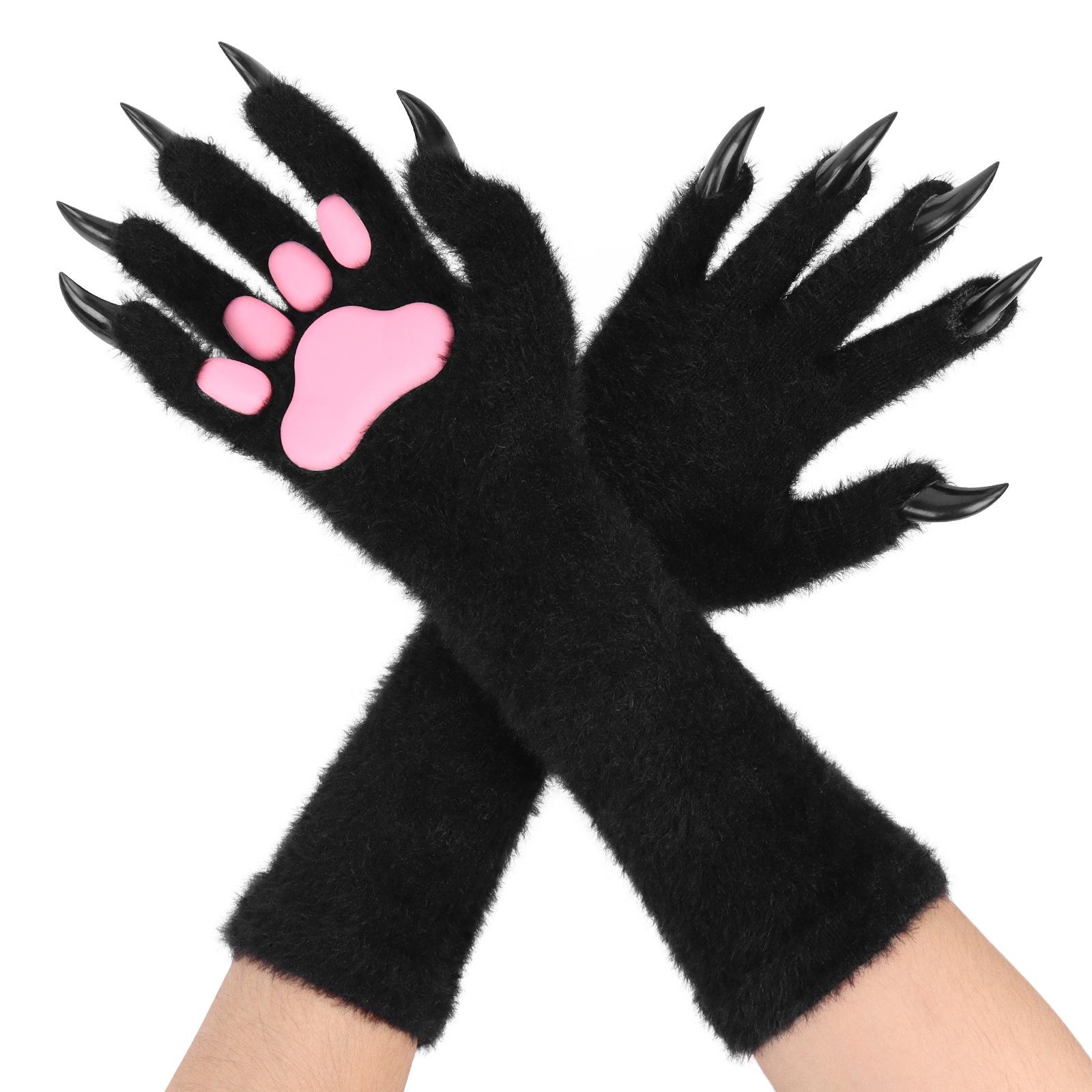 

1 Halloween solid color plush long glove with long nails and animal claws, Halloween cosplay ghost claw prop чорний