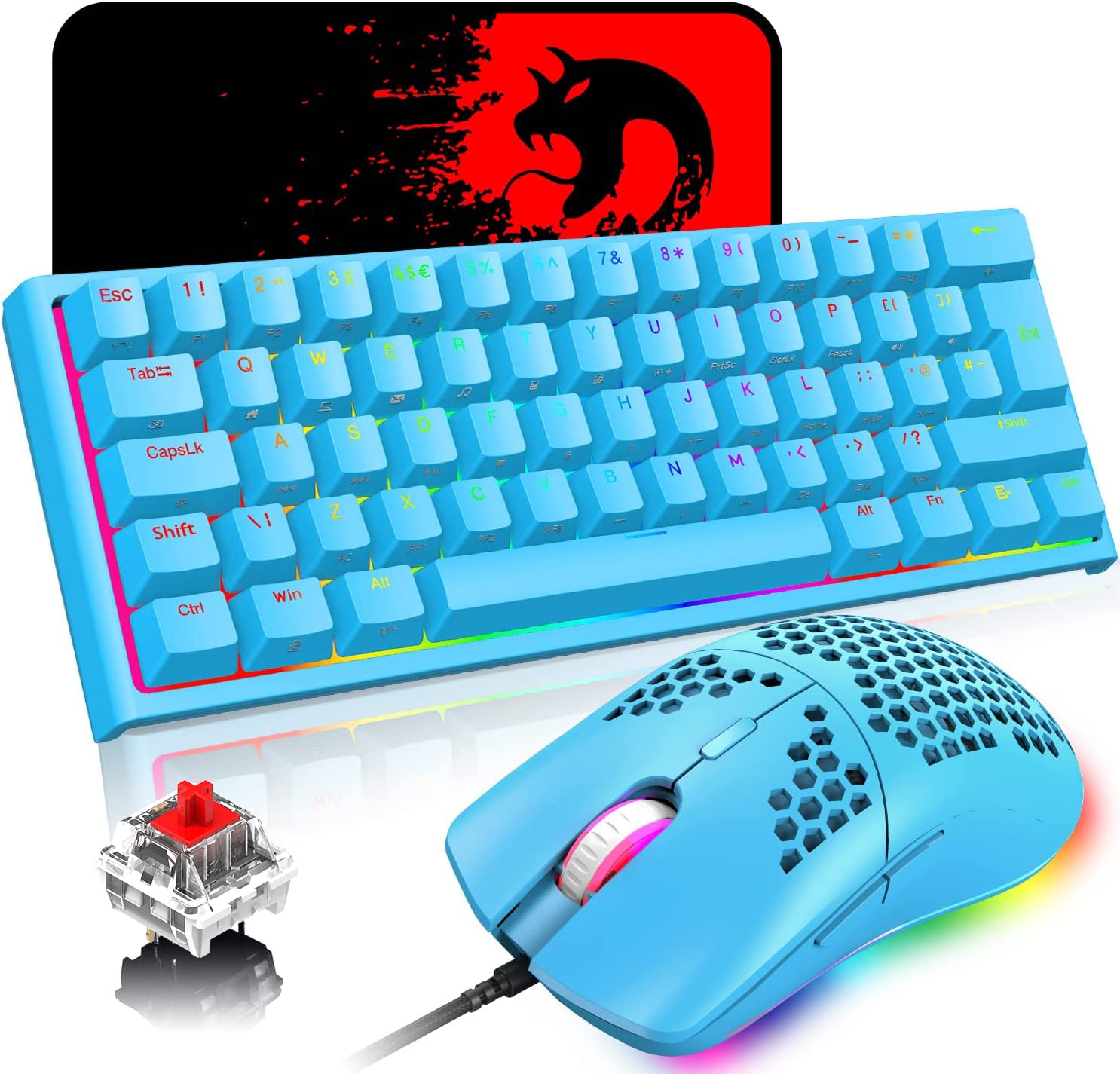 

Gaming Keyboard and Mouse Set, Red Switch Mechanical Tenkeyless, 60% Compact, 14 RGB Backlights, Full Key Collision Prevention, 12000 DPI, Type C