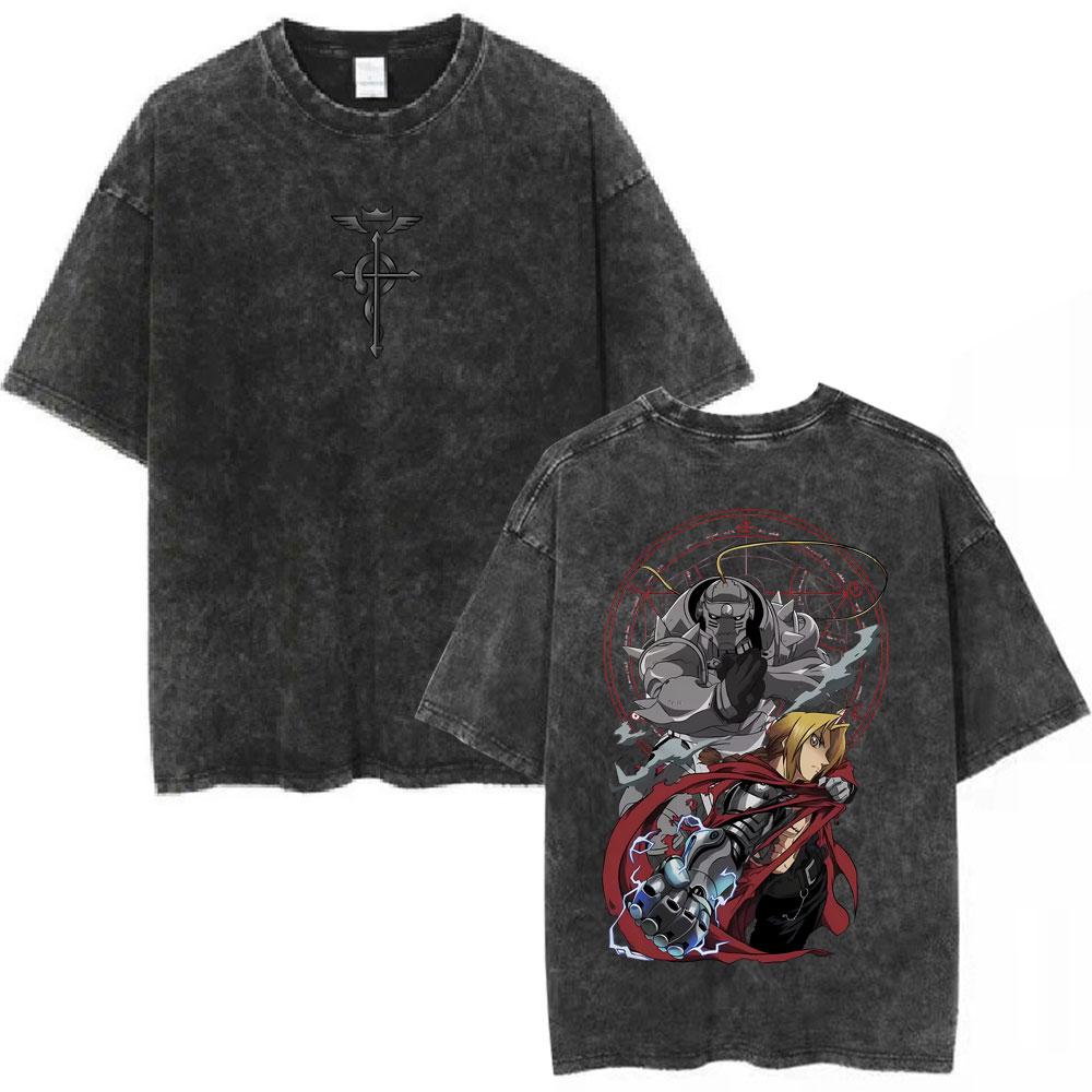 

Anime Fullmetal Alchemist Washed T Shirt Edward Elric Alphonse Elric TShirt Men Fashion Casual Oversized Tshirts Streetwear S