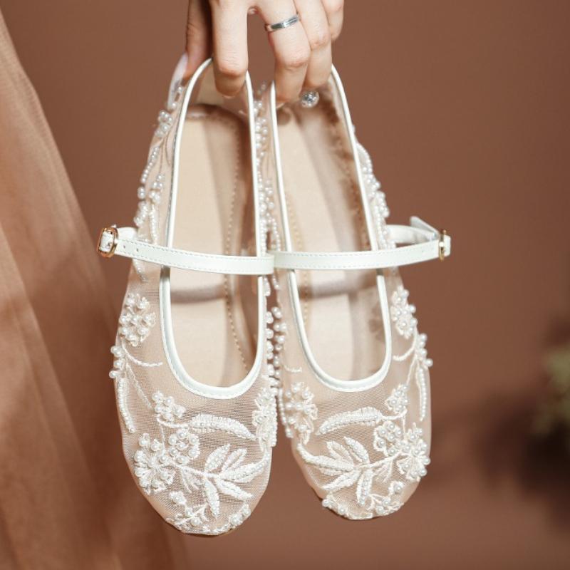 Mesh Breathable Flats Ballet Women String Bead Round Toe Sandals Light Soft Sole Casual Fashion Design  Elegant Dress Shoes