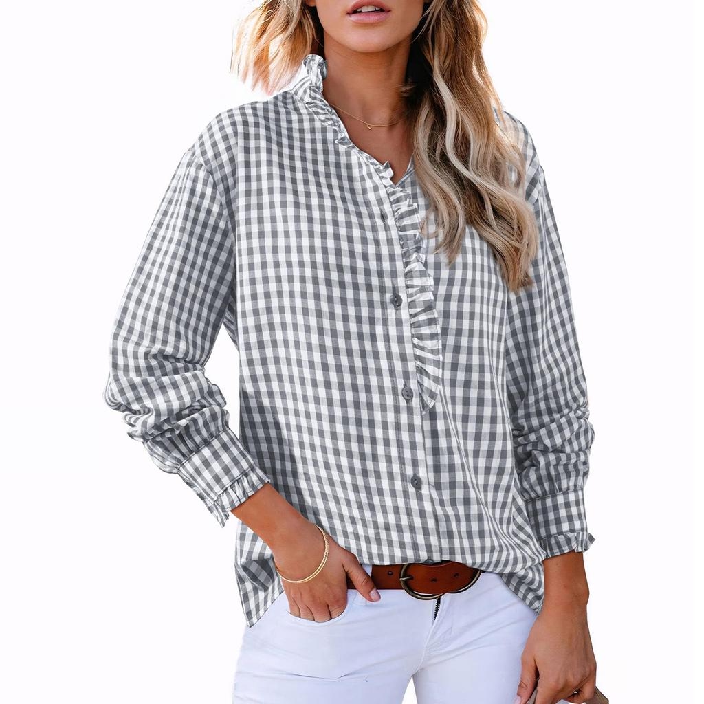 Women's Casual Fashion Plaid Ruffled Loose V-neck Shirt