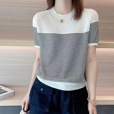 Women Summer T Shirt Vintage Striped Short Sleeve Tee Korean Fashion Round Neck Patchwork Tunics Casual Knitted Tops