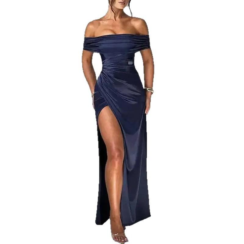 Elegant Solid Color Wrap Waist Fit-and-Flare Midi Maxi Dress With Side Slit High-Waisted Short Sleeve A-Line 2026