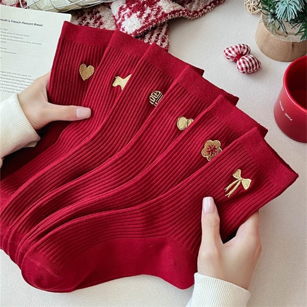 New Cartoon Embroidery Cotton Socks Red Casual Mid Tube Socks Sweat Absorption Anti-slip Socking Autumn Winter