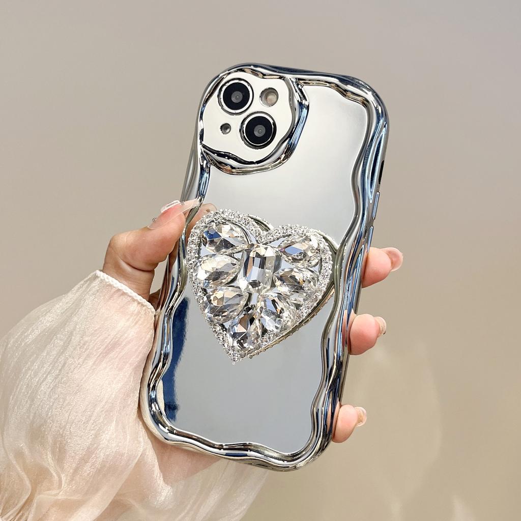 Irregular silver applies to Apple 17 electroplated mirror mobile phone case 16promax luxury love rhinestone bracket 15PM
