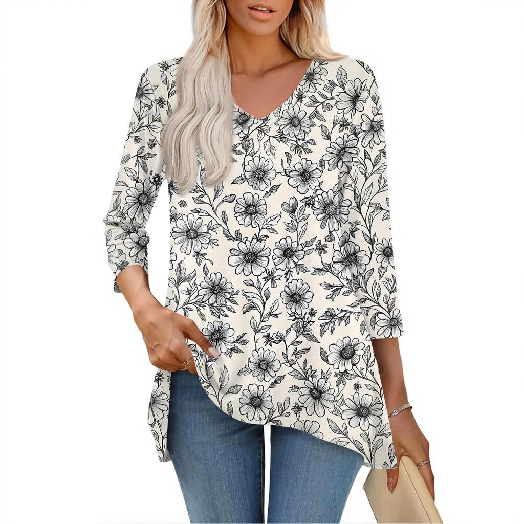 Womens Tops V-neck 3/4 Sleeve Blouses Casual Mid-length Shirts Fashion Print Tunic Tops
