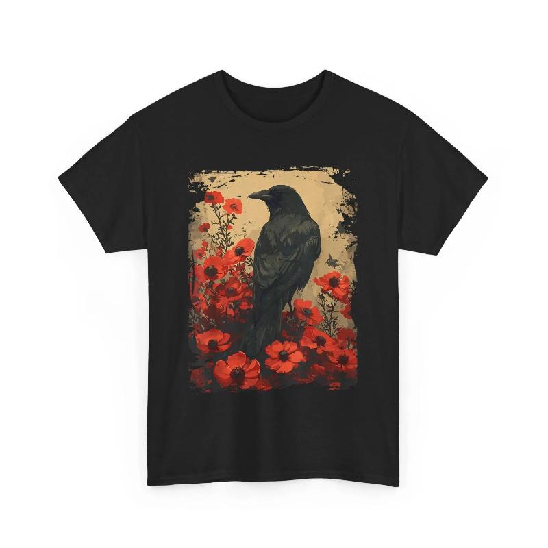 Enchanted Floral Crow T-Shirt, Vintage Gothic Raven Tee, Dark Cottagecore Aesthetic Shirt, Witchy Botanical Apparel Women Tee XS чёрный