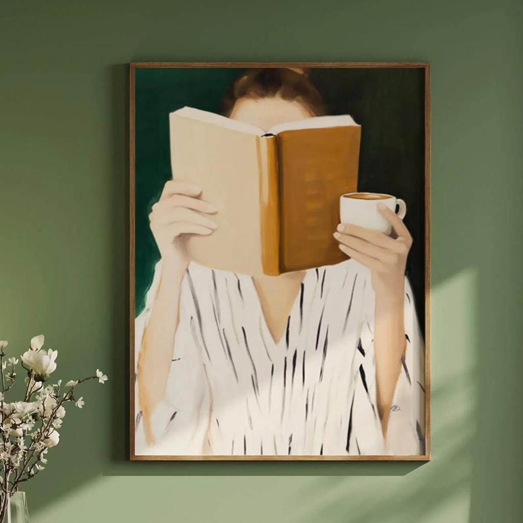 Stampa su Tela con Figure Astratte Verdi e Donna Fiore Ritratto Femminile Minimalista Japandi Poster Artistico per Decorazione Soggiorno Moderno