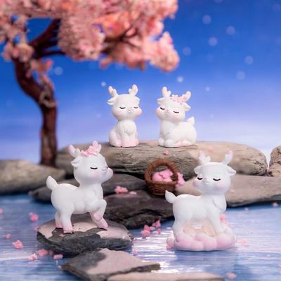 Resin Miniatures Deer Figurine Pink Fairy Garden Mini Deer Stature Cake Toppers Home Decoration Cartoon Sika Deer Universal