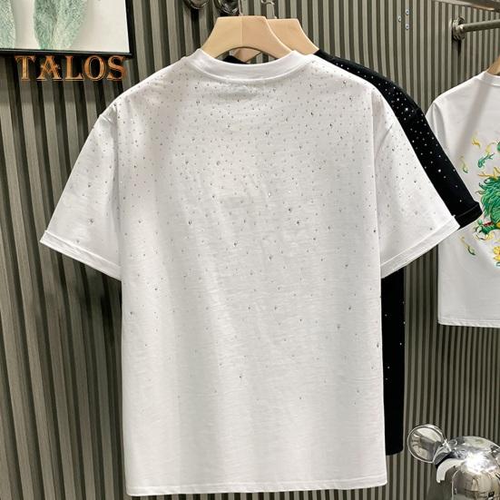 Summer Men T-shirt Rhinestone Decor Round Neck Loose Pure Color Short Sleeves Pullover Casual Mid Length Daily Wear Sport Top