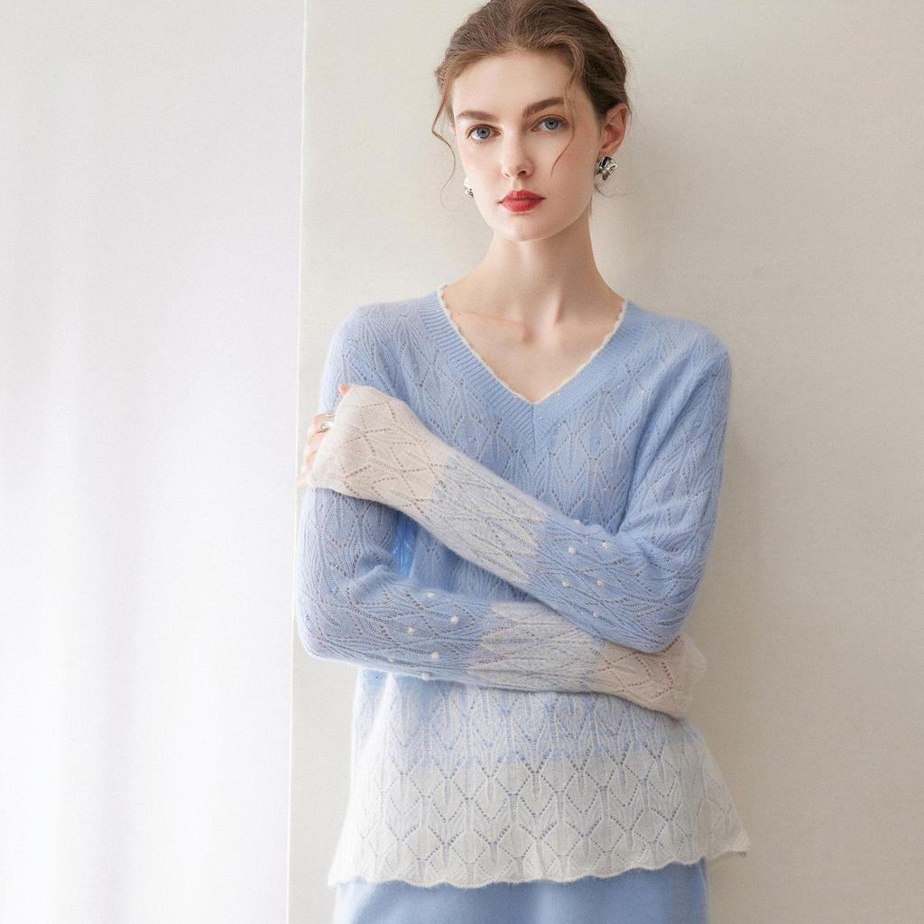 Kang Sai Ni 2026 Lurex Sequin Cashmere Lace Sweater - Autumn/Winter 7-Gauge Hollow Out Color Block Knitwear