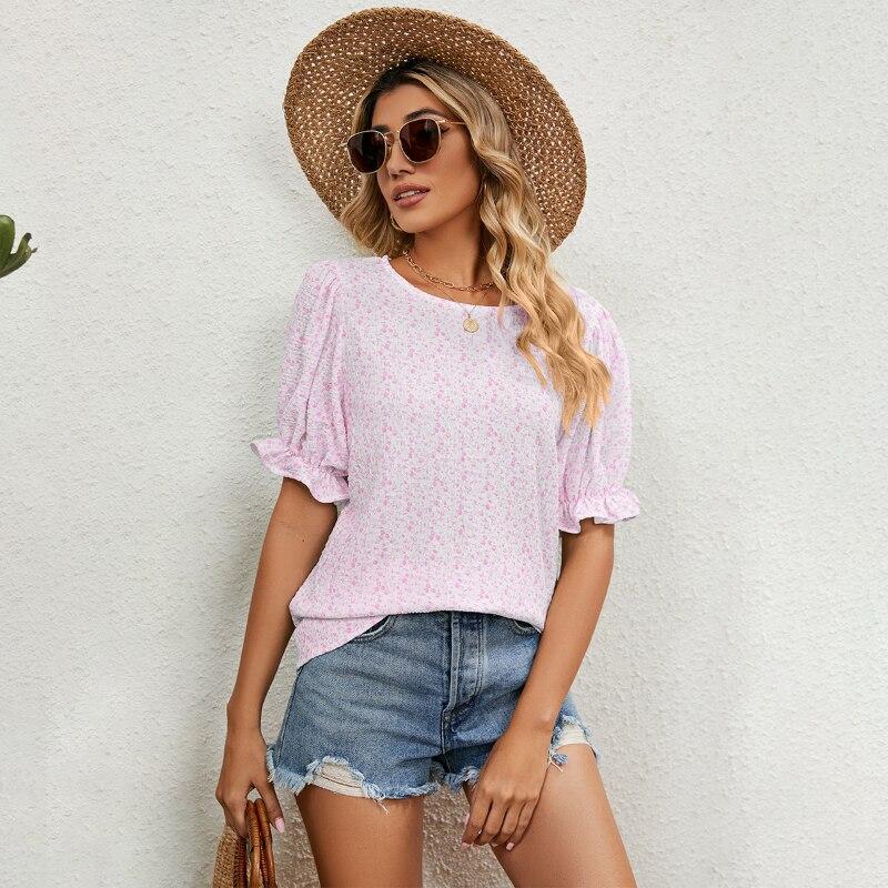 Baumwolle Shirt Kurzarm Kleidung Sommer 2023 Floral Print Tops Frauen Bluse Casua Lose Rundhals Pullover Blusas 24742