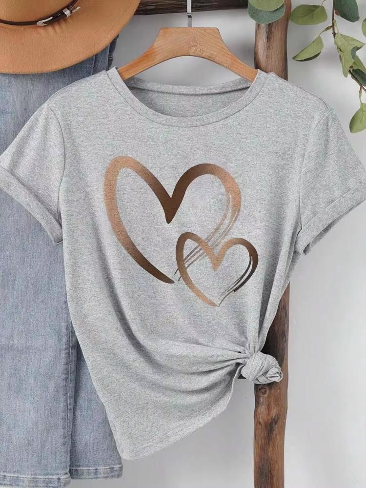 Summer New Womens Heart Printed Tshirt Trendy Casual Round Neck Top Short Sleeves Fashion Harajuku Kawaii Tshirt Y2k Clothing