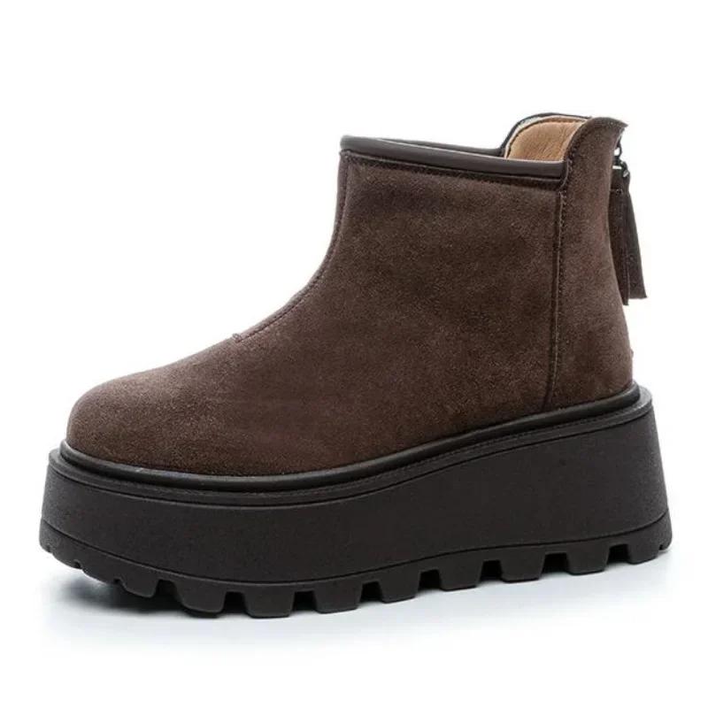 Fashion 8.5CM Suede Cow Genuine Leather Fashion Women Ankle Booties Platform Wedge Winter Plush 2025 Autumn Boots Spring Shoes Chimney