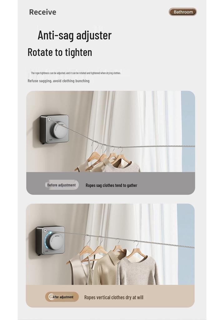 Indoor No-Drill Retractable Clothesline - Windproof Tightening Steel Wire for Bathroom and Balcony