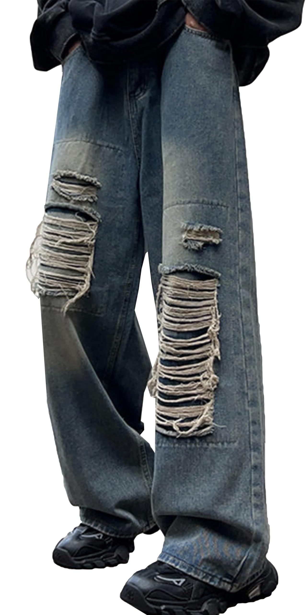 

Luo PuLe Men s Distressed Denim Long Pants, Stretch Denim Wide-Leg Pants, Loose Fit Jeans, Goose-Pant Style, Straight Leg Denim Pants, Blue, Size L