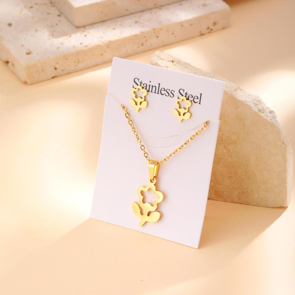 High Quality Stainless Steel Elephant Butterfly Flower Pendant Necklace Stud Earrings Luxury Party Jewelry Set for Women Gift