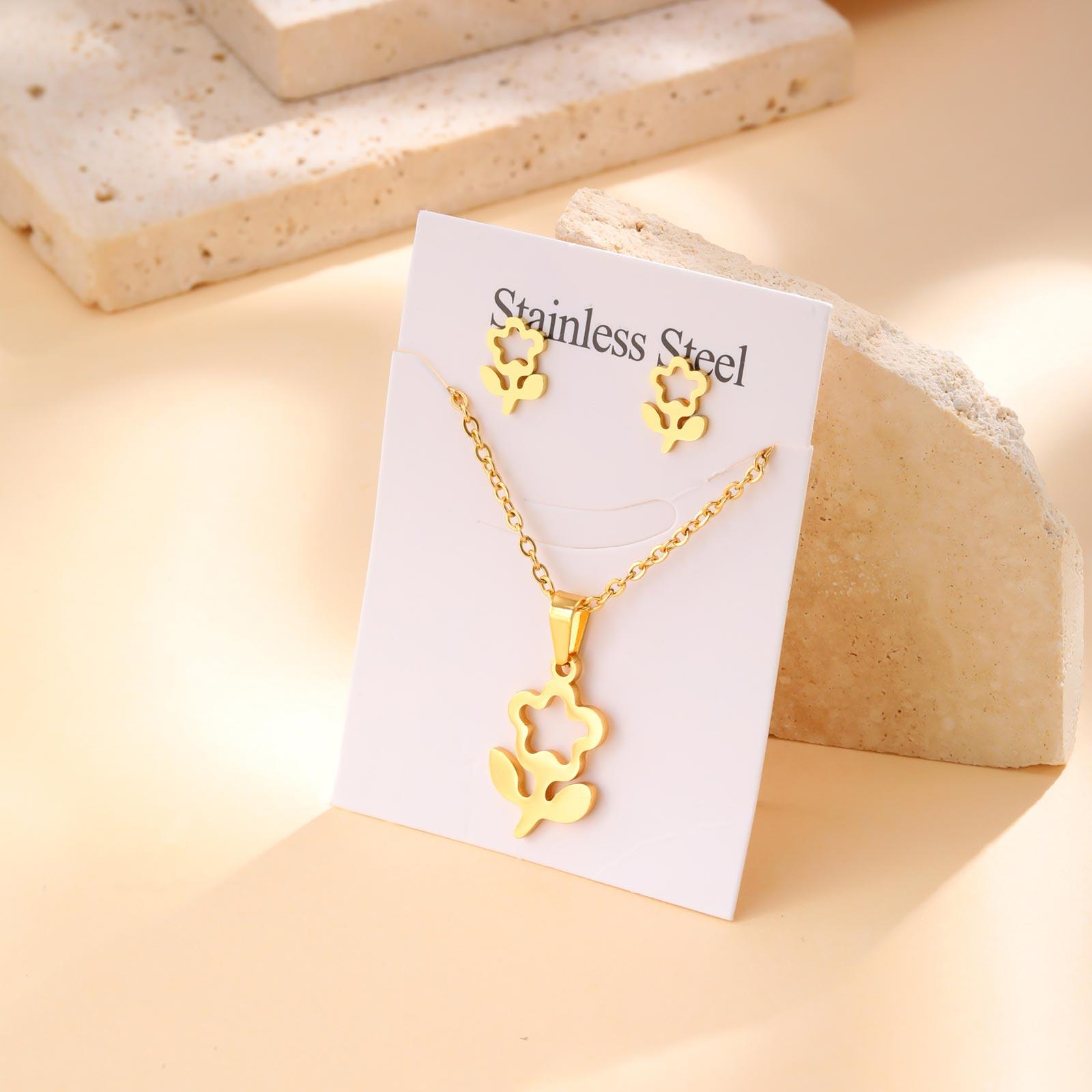 

High Quality Stainless Steel Elephant Butterfly Flower Pendant Necklace Stud Earrings Luxury Party Jewelry Set for Women Gift