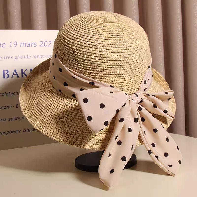 Polka Dot Straw Sun Hat Bowknot Wide Brim Casual Sun Protection Hats Stylish Breathable Foldable Beach Hat for Women
