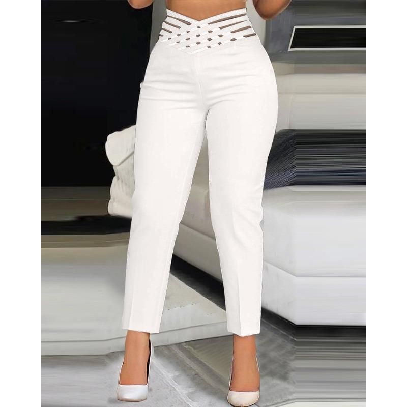 VEZFAA Damesmode Casual Effen Kleur Print Hoge Taille Broek Broek & Capri's