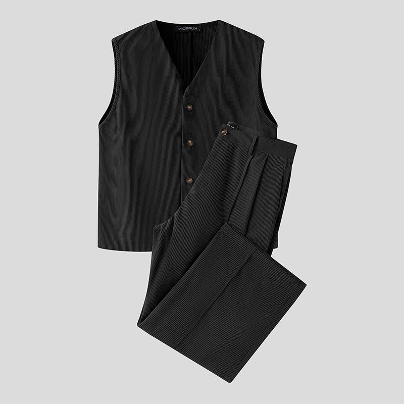 

INCERUN Men Autumn Sleeveless Corduroy Waistcoat and Long Suits Pants Outfits Sets S чёрный