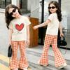 2/3piece set of summer girls' fashionable casual short sleeved flared pants set with heart round neck T-shirt and checkered pant