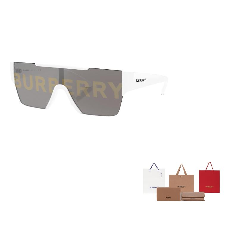 

Burberry LOGO Full Print Plate Frame Square Sunglasses Men s Light Silver Grey F