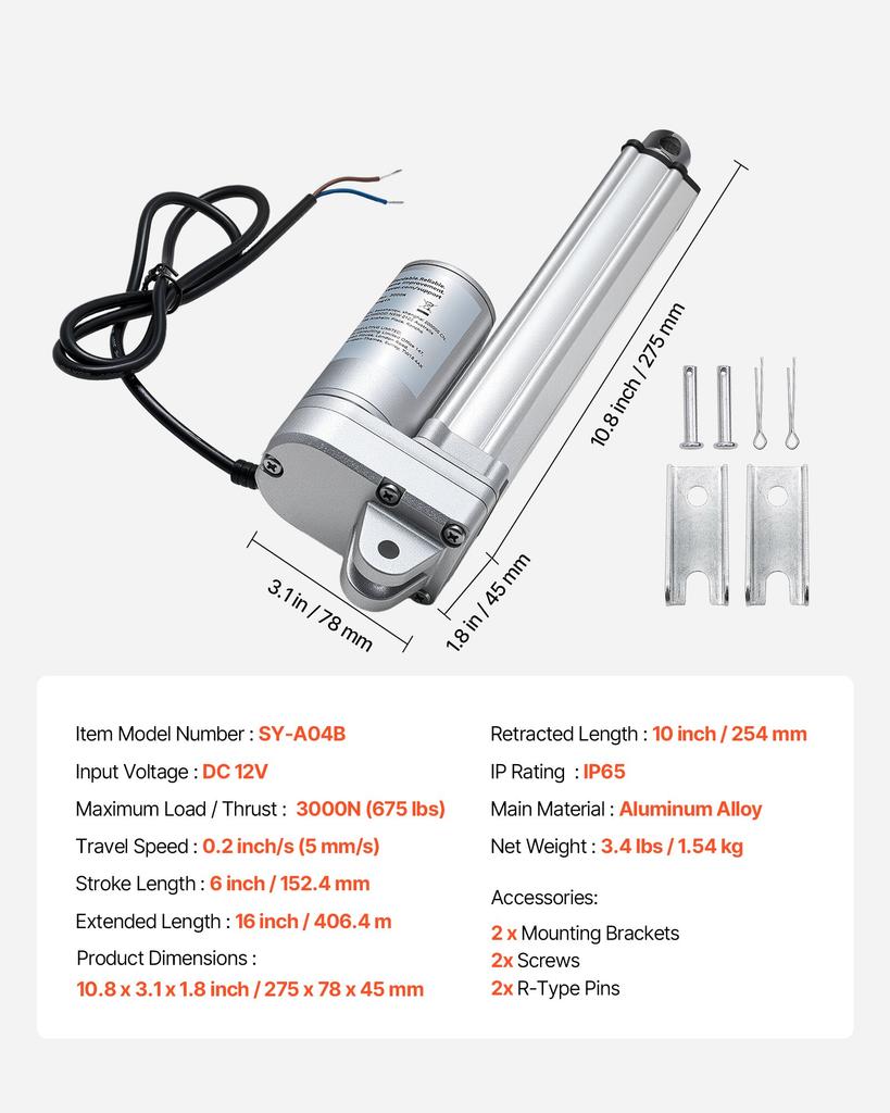 VEVOR 12V Linear Actuator, 152.4mm Stroke IP65 Waterproof Linear Actuator, 3000N 5mm/s Motion Actuators with Mounting Brackets for Solar Trackers
