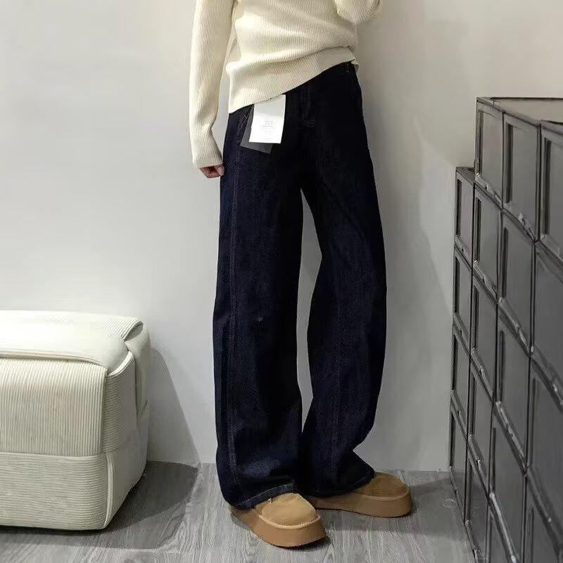 

Женские джинсы с высокой талией в стиле ретро, темно-синие, широкие штанины - Осенний стройнящий дизайн прямого кроя XL