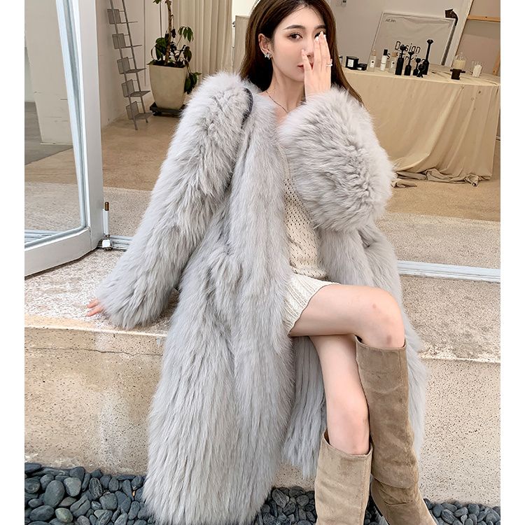 

Зимняя Новая Экологически Чистая Шуба из Лисьего Меха Длинная Меховая Шуба Женская Меховая Шуба Толстая Теплая Женская Шуба L светло-серый