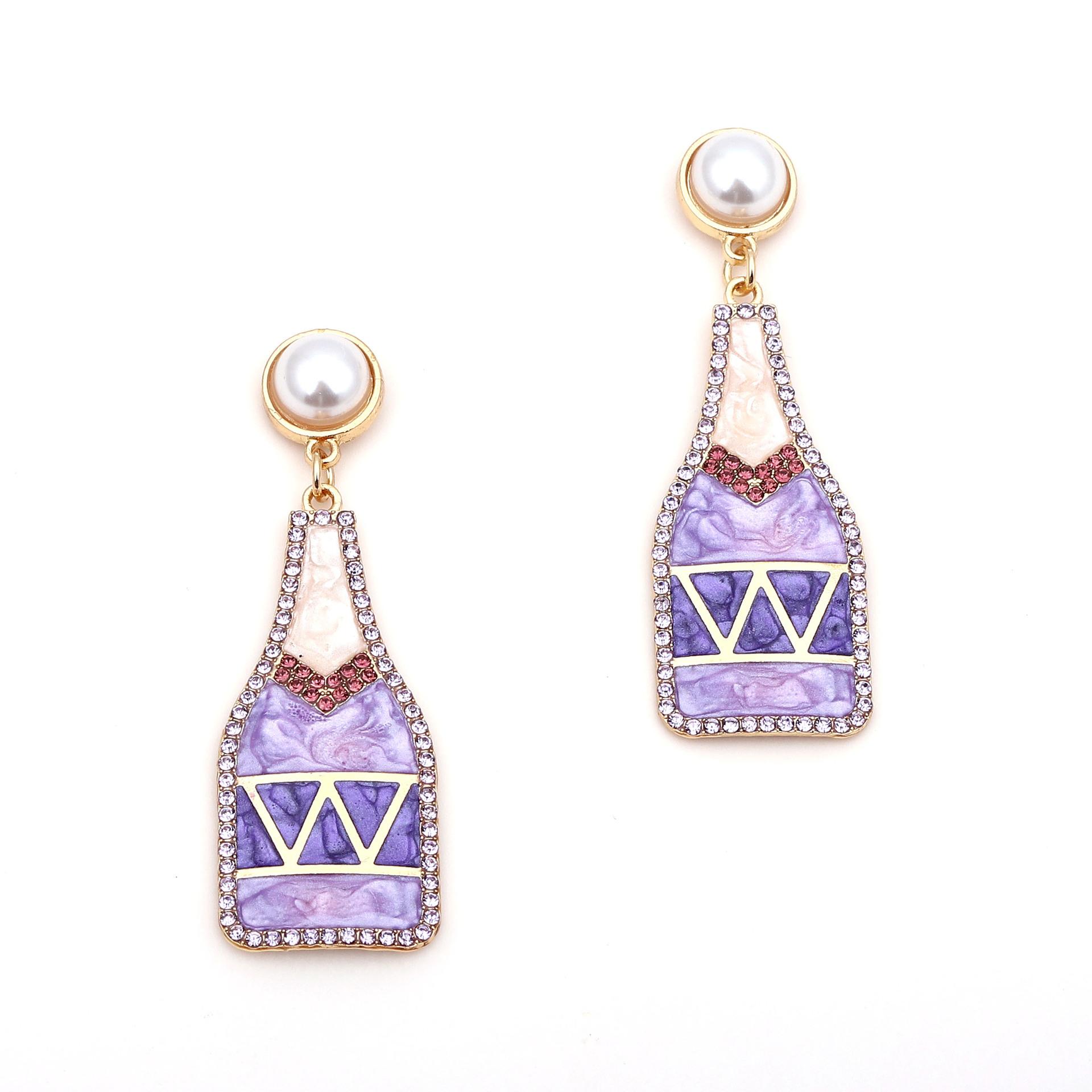 Creative fashion alloy wine bottle earrings, enamel diamond-set pearl style, personalized temperament light luxury earrings